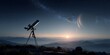 © medienvirus - Stargazing: Telescope at Dawn: A solitary telescope perched atop a hill, gazing at the cosmos. capturing a view of the cosmos with celestial objects, the vastness of the universe.