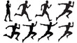 © Saiful - Dynamic male runner silhouette set showcasing various running phases, from starting position to full stride, ideal for sports, fitness, and motion graphics design.
