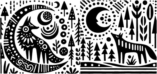 Naklejka na meble Monochrome folk art illustration of wolves moon and trees.