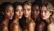 © Maryna - Portraits of diverse women. Females with different skin tones pose. Ladies demonstrate beauty makeup skin care. Attractive women look at camera. Multiethnic group of beautiful girls together.