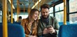 © Maryna - Couple smiles using smartphone on bus journey. Man shows woman something on screen during city commute. People share happy moment on public transport. They look at phone together.