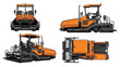© Paul Studio - Construction machine asphalt paver, road building equipment from multiple angles, industrial machinery schematic