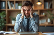 © Maryna - Young man with hands on temples feels stressed and tired at office desk. Business owner experiencing headache due to financial problems and work pressure. Male feels overwhelmed by work and crisis.
