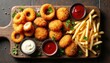 © Maryna - Collection of fried snacks served on wooden board. Includes onion rings, chicken nuggets, french fries with ketchup and mayonnaise dips. Crispy appetizers prepared for a meal.