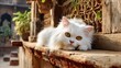 © SUDA - Charming white fluffy cat resting on a rustic wooden ledge in a sunlit vintage environment with greenery in the background