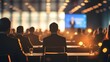 © salamandra1979 - Cinematic professional photo of a business conference in a modern hall with soft bokeh, silhouettes of attendees, and a glowing screen. Perfect for corporate presentations, articles, and advertising.