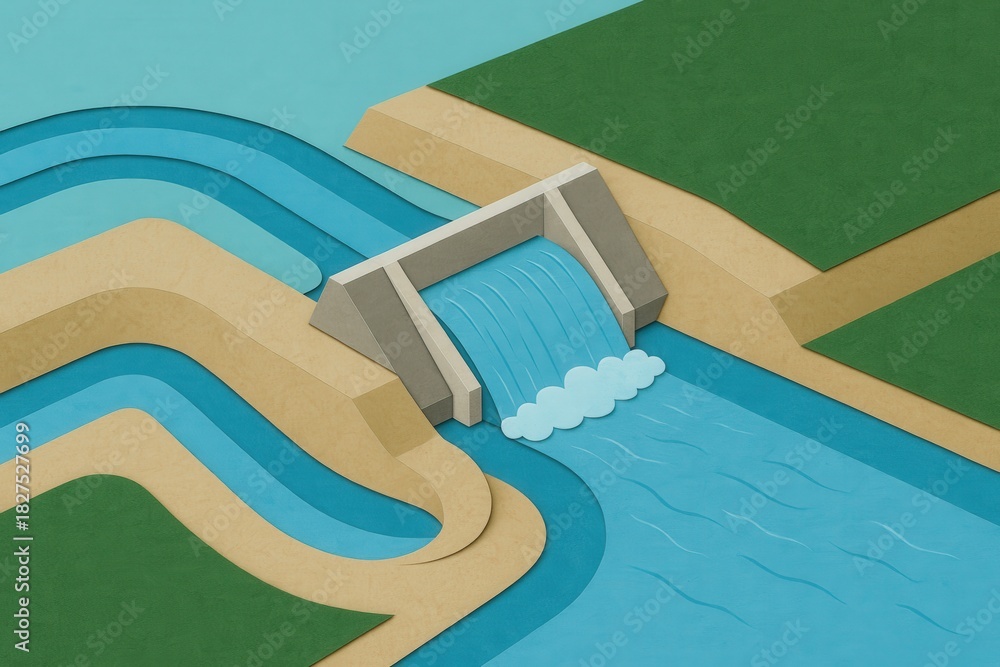Stylized representation of a dam releasing water over a curvature ...
