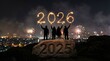 © Worldwide - People celebrating New Year 2026 with sparklers and fireworks over a city skyline, transitioning from 2025.