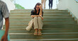 © Raushan_films - Indian young adult gen z upset female sitting alone on stair failed in exam feel bad low at campus place. Sad tense teen girl wear glass suffer course study have learning issue stress hostel life