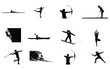 © KHAYRUN - Collection of black silhouette icons representing various sports and outdoor recreational activities like archery, surfing, climbing, kayaking, snowboarding, and yoga, isolated on white background