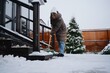 © looking2thesky - A young woman actively shovels snow with a shovel and broom in her snowy yard. Authentic winter chore captured with natural energy and seasonal realism