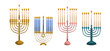 © Good Studio - Hanukkah menorah set. Traditional Jewish candelabra with nine candles, holiday decor. Hannukah menora candleholders. Hanukah candlesticks. Flat vector illustration isolated on white background