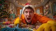 © MatiyashKo - Frustrated man in Santa hat shouting into camera while cleaning huge Christmas party mess with broom and gloves, comic holiday stress and burnout concept