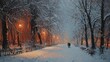 © Iryna - Winter city park or boulevard covered with snow with two figures walking along path, old lanterns casting deep orange and red light on snowy trees and benches, atmospheric oil painting