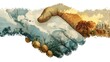 © Wasun - Handshake with nature and landscape double exposure, symbolizing global cooperation and environmental harmony with trees and map elements blending creatively