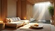 © Vadym - Interior of spa resort with bed candles and waterfall. Relaxation area for wellness. Modern interior design of luxurious comfortable spa room. Zen style decor for massage and therapy.