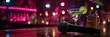 © Kristina - A microphone resting on a bar counter beside cocktails with lime, illuminated by vibrant neon lights in a lively karaoke bar atmosphere.
