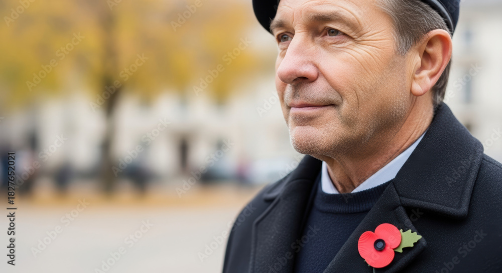 Remembrance Day portrait of mature man wearing poppy on coat outdoors ...