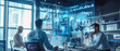 © petrrgoskov - Modern business team analyzing data on a large digital screen with holographic charts and virtual interface. Concept of artificial intelligence, analytics, innovation, teamwork, cybersecurity,