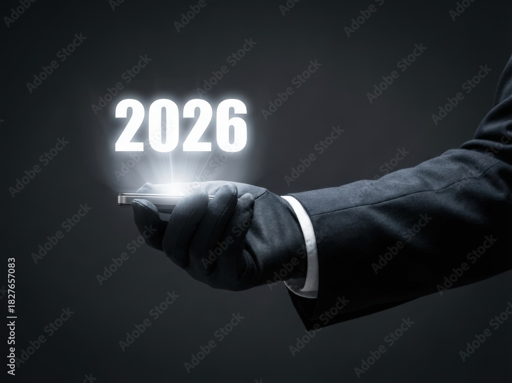 The 2026 New Year business goals concept. Hand holding glowing device ...