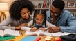 © Eve - African-American parents helping their young daughter with homework at home. Family education, learning, parenting, bonding, and remote school concept.