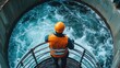 © dreamer - A worker in an orange vest and helmet stands by a circular water treatment facility, observing the turbulent water below.