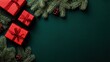 © tao - Christmas background with red gift boxes, green branches, and festive decorations on a dark green background, suitable for social media posts, advertisements, and Christmas card concept designs.