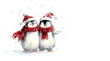 A cute antarctic penguin couple wearing Santa hat isolated on the white background