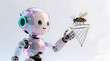 © unairakstudio - A cute futuristic AI robot actively using a net to catch a small mechanical bug, symbolizing software debugging and quality control.