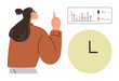 © robu_s - Woman gesturing toward a visual analysis of progress bars and charts next to a clock graphic. Ideal for business, productivity, time management, analytics, workflow, decision-making, and planning