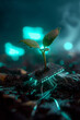 © Chalit - futuristic and eco-technological concept, combining elements of nature and technology. It features a vibrant green seedling emerging from a glowing, circuit-like structure embedded in the soil