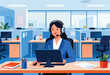 © Bocx - A customer service rep in a blue suit and headset uses a computer at their desk in an office