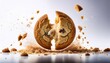 © Arshad - Floating broken cookie exposing creamy center and scattered crumbs, photographed on a pure white background for product display.