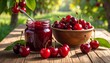© Giy - A vibrant still life showcasing cherries and cherry jam. Fresh fruit sits in a wooden bowl and jar, with a spoon inside. Green foliage blurs the background