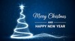 © MSTHIRAMONY - A luminous blue christmas tree of shimmering light particles with a star, on a dark blue background, displaying merry christmas and happy new year