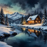 Zimowy, świąteczny, górski krajobraz z drewnianą chatą o rozświetlonych oknach, świecącą choinką, śniegiem, lasem i rzeką