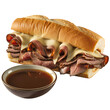 © Gill - Delicious french dip sandwich with roast beef and melted cheese served with a side of au jus sauce, isolated on transparent background