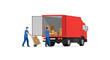 © Rahmanart - Logistics staff loading packages onto a bright red delivery truck using a hand trolley, presented as a modern 2D flat vector illustration on a clean white background.