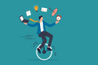 © Sector30 - Productive master, productivity and project management skill, multitasking work and time management concept, skillful businessman riding unicycle juggling elements, laptop, calendar, ideas and emails.