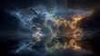 © Narongsag - Illuminated world map projection reflecting on dark water with swirling energy clouds