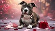 © MdJilu - Cute brindle pitbull puppy with pink collar surrounded by valentine heart shape decoration
