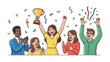 © Avra - Joyful diverse team celebrating triumph with golden trophy and confetti, symbolizing shared success and collaborative achievement