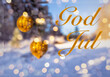 © GenоМ. - 'God Jul' means 'Merry Christmas' in Swedish and Norwegian. Blurred background of beautiful Christmas tree in snow decorated with big golden balls. Bokeh Forest Snow. Happy New Year! Sweden Norway.