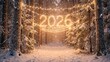 © amirul - magical winter forest path with glowing 2026 string lights for new year celebration