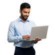 © Image Creative Stock - Young Indian business man smiling and holding laptop isolated on white or transparent background