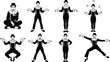 © VectoBloom - mime character poses, expressive mime gestures, pantomime vector illustration, theatrical performer art, silent acting concept, cad drawing flat vector illustration