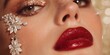 © Alena - Close-up portrait of a woman with glossy red lips, sparkling rhinestones near the eyes, and warm shimmering makeup on a red background. Elegant and glamorous holiday beauty concept.