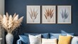© SKAlviSadia - Elegant Pampas Grass Trio Wall Art in Modern Navy Living Room
