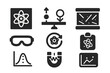 © VideoHub - Quantum Experiment Icons. Solid style icons of quantum classroom experiments: atom in box icon, spin demonstration glyph,