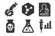 © VideoHub - Experimental Cell Treatment Icons. Solid style icons of experimental cell treatments: syringe into dying cell, chemical compound